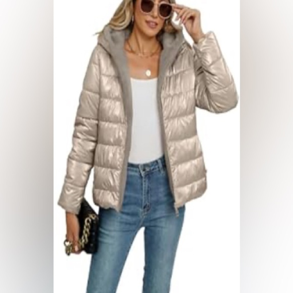 GIOLSHON METALLIC GOLD QUILTED/ FLEECE  PUFFER HOODIE JACKET  - L - NWT ! 🥶❄️☃️
